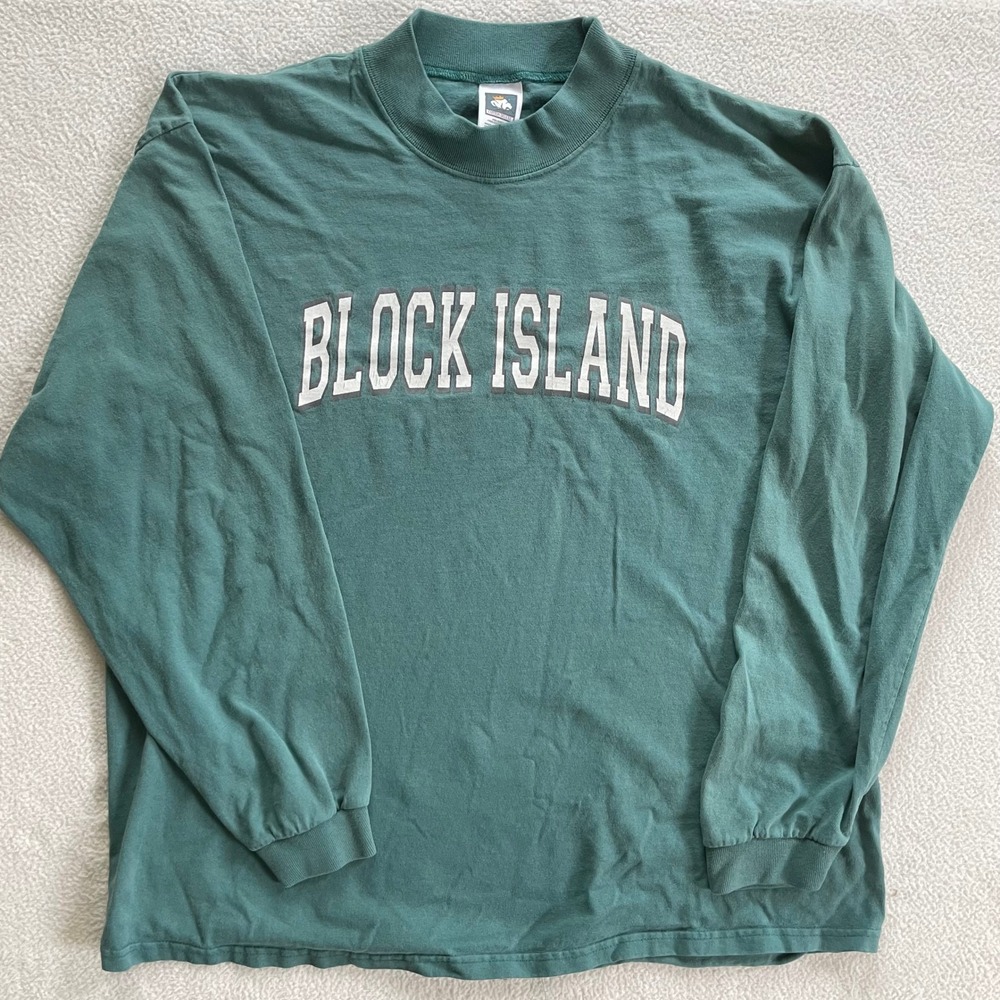 Cotton Deluxe Long Sleeve T-Shirt Mens XL Green Block Island Mock Neck‎ Vintage
